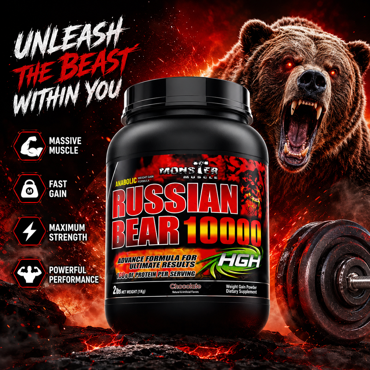 RUSSIAN BEAR 10000 HGH | Premium Mass Gainer for Fast Weight Gain & Muscle Growth